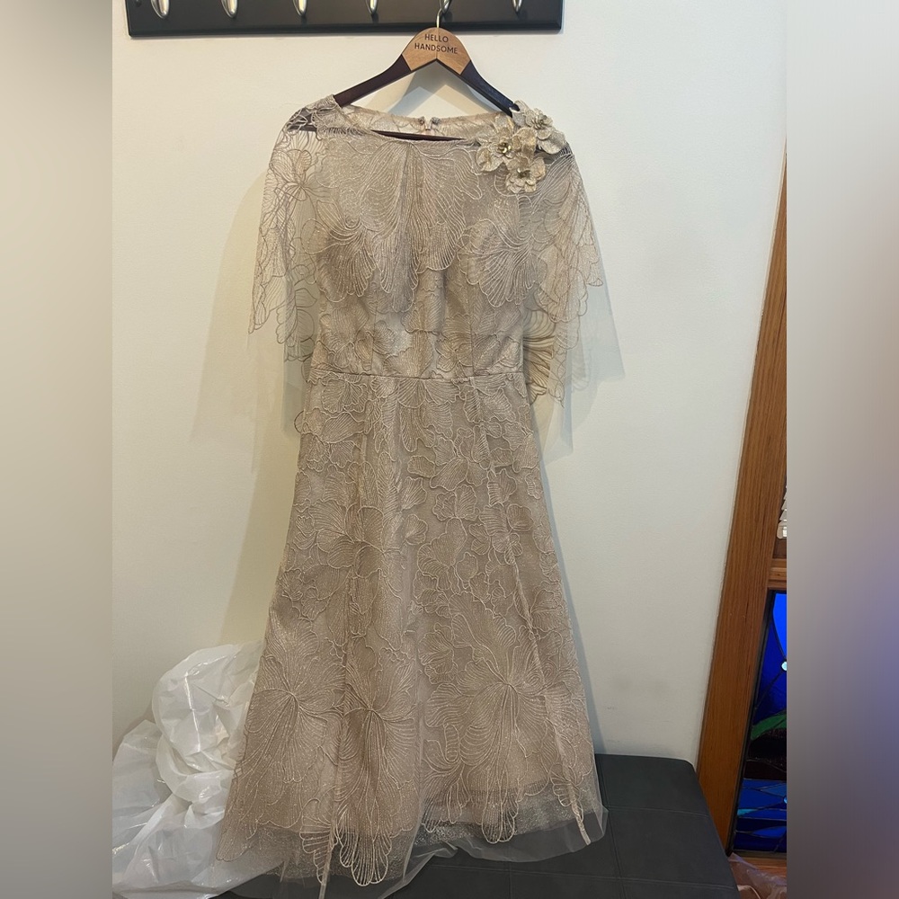 Teri Jon by Rickie Freeman gold dress with capelet